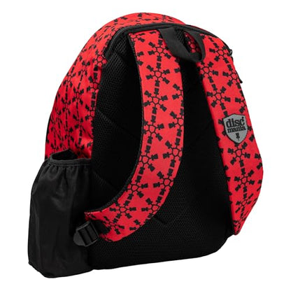 Discmania Fanatic Go Disc Golf Backpack | 18 Capacity + Top Pocket for 2 Putters | Lightweight, Durable Disc Golf Bag | Tall Side Pocket, Bottle Holder | Padded Straps & Water-Resistant Shell - color: Red