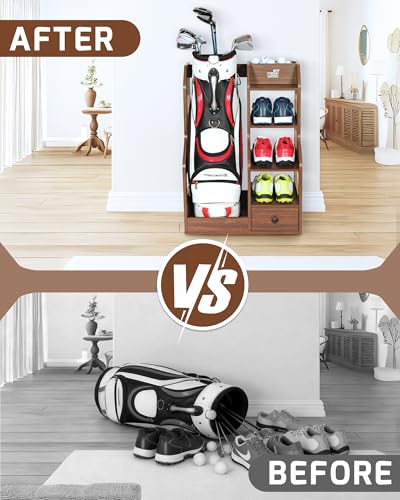 Mythinglogic Wooden Golf Bag Storage Rack, Golf Organizer with Shoe Shelves, Ball Holder & Drawer, MDF Golf Equipment Storage Cabinet for Home, Garage or Simulator Room - size: 1 golf bag rack-Brown