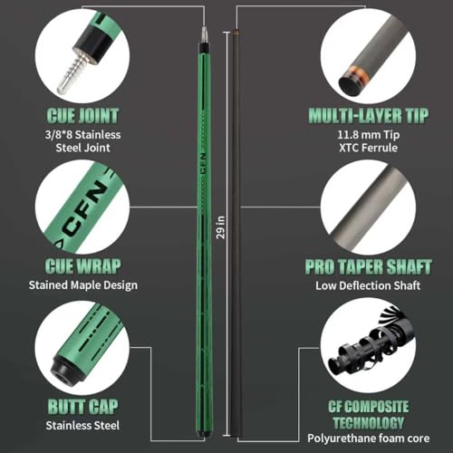 58" Carbon Fiber Pool Cue Stick - Elegant Design Billiard Cue for Adults, Low Deflection Pro Shaft with 11.8mm Tip, 3/8-8 Joint - color: Prairie Green
