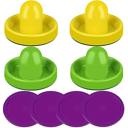 ONE250 Air Hockey Pushers and Red Air Hockey Pucks, Goal Handles Paddles Replacement Accessories for Game Tables (4 Striker, 4 Puck Pack) - color: Yellow & Green