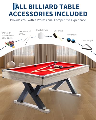 7 FT Billiard Table, 84 x 46 x 32 Inch, Rustic Grey Finish Pool Table with Metal K-Leg, Professional Playing Cloth, Complete Set of 2 Cues, 16 Balls, Chalk, Triangle & Brush, for Home Game Room - color: Red Cloth