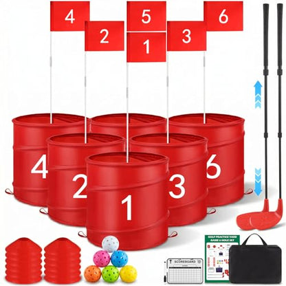 6 Hole Golf Bucket Yard Game, Backyard Golf Set with 2 Adjustable Telescopic Clubs, Portable Outdoor Indoor Golf Chipping Game for Adults Family Beach Camping Party with Carry Bag Scoreboard