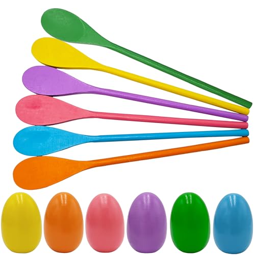 Chochkees 12-PCS 6 Wooden Easter Eggs and 6 Wooden Spoon Race Game Set, 6 Sets, Multi-Player Carnival Game for Kids & Family Activity Holiday Outdoor Yard Easter Egg Hunt Birthday Party Lawn Games - style: 6 Players