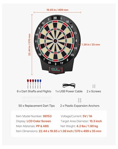 Electronic Dart Board, 15.5" Target, 43 Games, 320+ Variations, 8 Players, LCD Scoring, 6 Darts & 50 Tips - Home Game Room