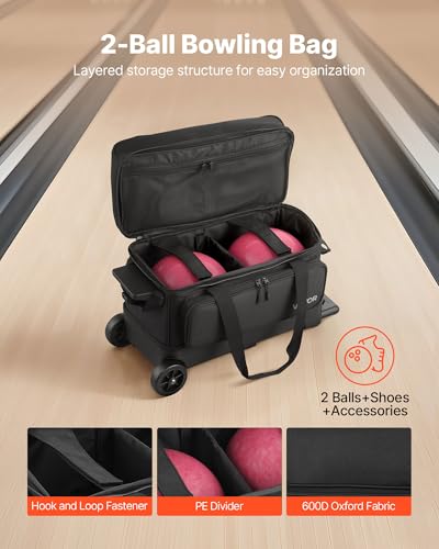 VEVOR Bowling Ball Bag, 2-Ball Bowling Bag with Wheels, Featuring a Separate Compartment for Shoes (Up to US Size 16) & Oversized Accessory Pocket, Retractable Handle Extends to 41.32 in - style: Black