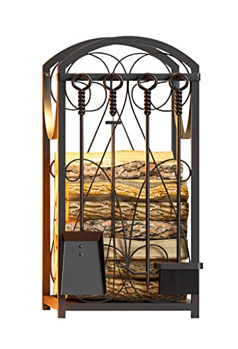 Kingson Firewood Rack Indoor Wood Holders Fireplace Tool Rack Outdoor Log Holder Rack Lumber Storage Stacking Fireplace Tools Set Wood Stove Accessories Black