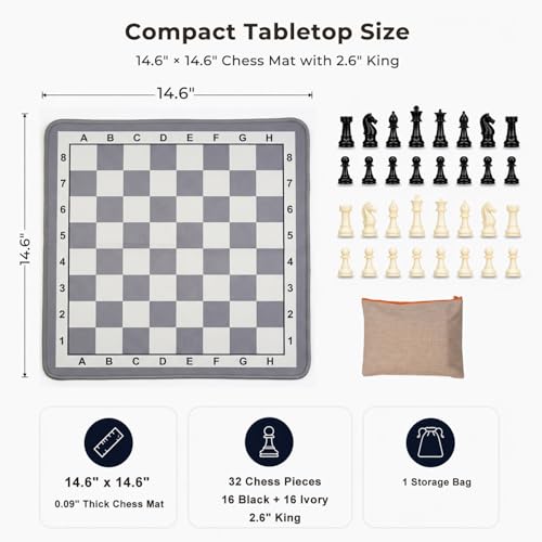 Portable Chess Mat Set for Kids & Beginners – 14.6” x 14.6” Foldable Chess Board with Pieces & Storage Bag | Soft Fabric Chess Mat with Coordinates | Travel-Friendly Indoor Chess Game
