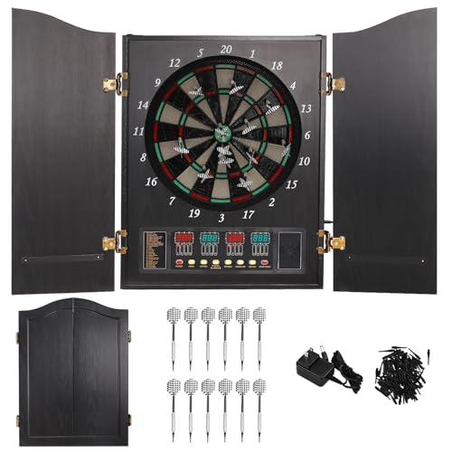 Electronic Dart Board with Cabinet, 18-Inch Dart Boards for Adults, 16 Players LED Display Scoreboard Features 4 Colorful LED, Soft Dartboard 27 Games 243 Variants, 12 Darts w/ 88 Tips Power Adapter