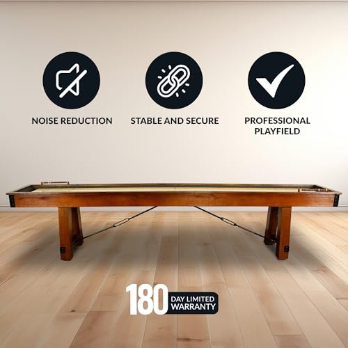 Hathaway Cheyenne 12 Ft Shuffleboard Table for Family Arcade Game Room - with Poly-Coated Playfield, Built-in Scorer & Cabinet, Climate Adjusters, Leg Levelers, 8 Pucks, Brush & Wax – Rustic Oak