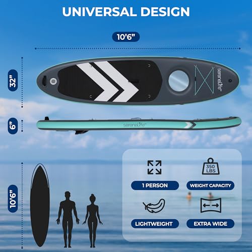 SereneLife 10’6” Inflatable Stand Up Paddle Board with Premium SUP Accessories - 32” Wide Stable Design with Non-Slip EVA Deck Pad, for Youth and Adults, 350 lbs. Capacity - color: Window - Grey