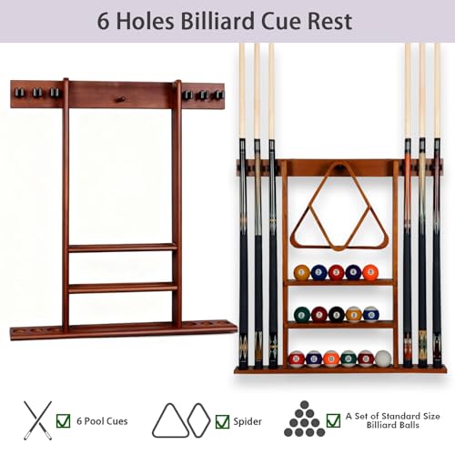SUPERDIAMOND 6 Holes Wall Mounted Pool Cue Rack, Wood Billiard Stick Holder Holds 6 Cues for Pool Table Accessories, Heavy-Duty Billiards Storage Rack Stand Display for Game Room,Brown - size: 6 Cues, style: SU-wa6-Cue Racks-brown