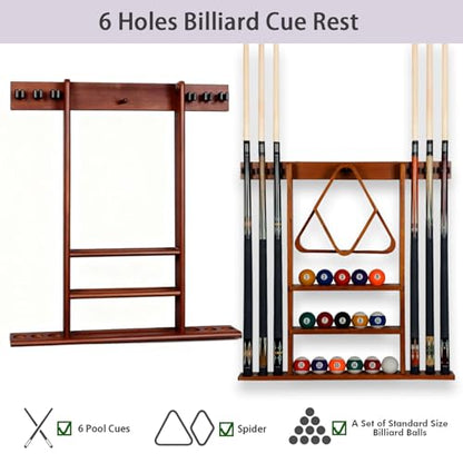 SUPERDIAMOND 6 Holes Wall Mounted Pool Cue Rack, Wood Billiard Stick Holder Holds 6 Cues for Pool Table Accessories, Heavy-Duty Billiards Storage Rack Stand Display for Game Room,Brown - size: 6 Cues, style: SU-wa6-Cue Racks-brown