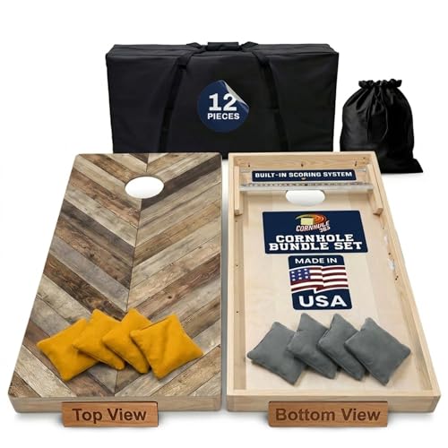 Cornhole365 Complete Cornhole Board Set - Includes Solid Wood Cornhole Board, 8 All-Weather Cornhole Bags, Portable Carrying Case & String Tote Bag Outdoor Game Bundle - color: Pallet Chevron