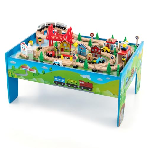 Costzon Train Table, 80 Pcs, Wooden Kids Activity Table Playset with Reversible & Detachable Tabletop, Solid Wood Tracks, Train, Railway, City, DIY Design, Gift for Boys & Girls, Multi-Color - size: 32.5" x 23.5" x 16" (L x W x H)