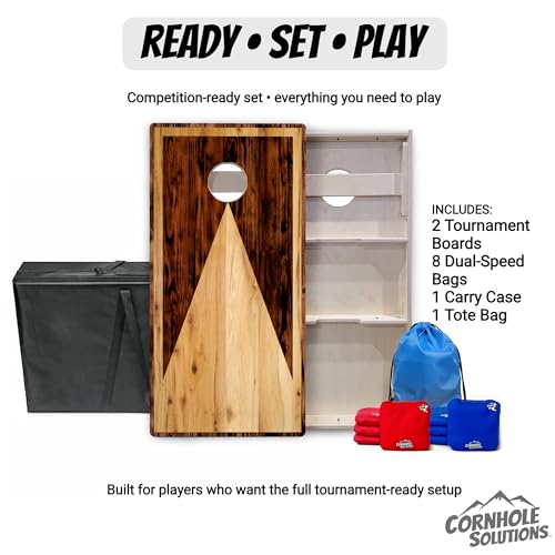 Cornhole Solutions Tournament Cornhole Boards – Regulation 4 ft x 2 ft Professional Set – ¾″ Baltic Birch Plywood – Folding Legs – UV Printed & Clear Coated (Wooden Triangle)