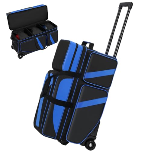 3 Ball Bowling Bags With Wheels,Bowling Bags 3 Ball Roller With Shoes Compartment And Multiple Pockets,3 Ball Bowling Bag has Retractable Handle Extends to 41.5 in - color: blue