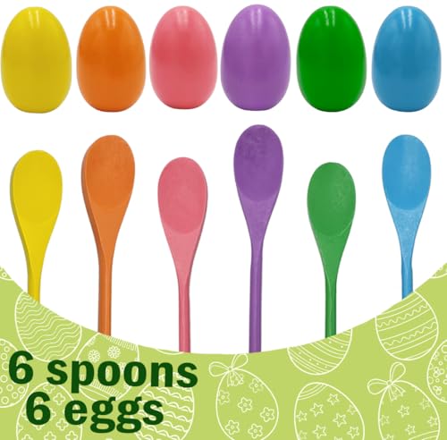 Chochkees 12-PCS 6 Wooden Easter Eggs and 6 Wooden Spoon Race Game Set, 6 Sets, Multi-Player Carnival Game for Kids & Family Activity Holiday Outdoor Yard Easter Egg Hunt Birthday Party Lawn Games - style: 6 Players