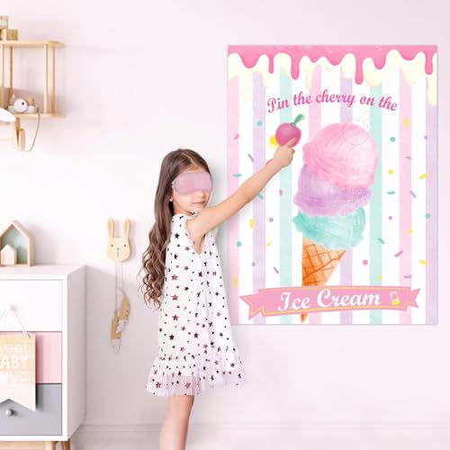 WERNNSAI Pin The Cherry on The Ice Cream Game -Birthday Party Games Ice Cream Party Decorations 28'' x 21'' Poster with 24 PCS Cherry Stickers for Kids Girls Birthday Carnival Supplies - style: Ice Cream