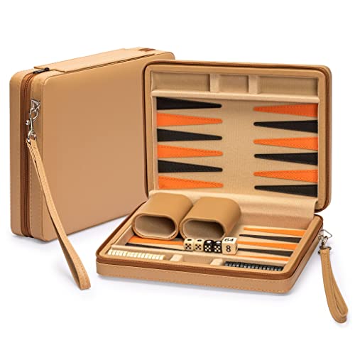 Yellow Mountain Imports Travel Magnetic Leatherette Backgammon Mini Game Set, Bozcaada - with Magnetic Checkers, 9-inch Board - color: Wheat Beige