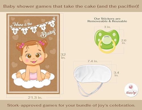 Party Hearty Pin the Pacifier on the Baby, Baby Shower Game - Kraft Girl | 1 Large Poster, 56 Colorful Binky Stickers, 1 Blindfold & Double-Sided Tape - color: Girl Kraft - Pin the Binky
