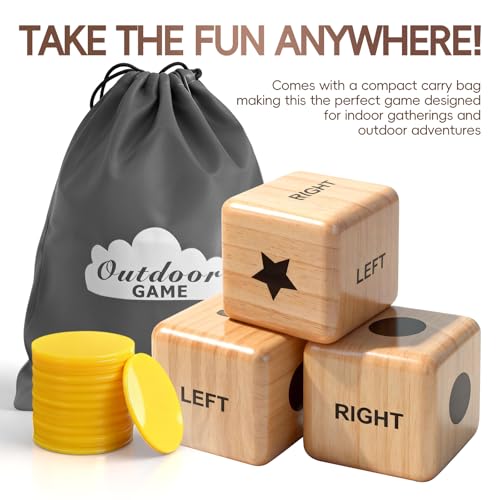 Giant Left Right Point Center Dice Game with 24 Large Chips & Carry Bag. 3.5" Jumbo Wooden Indoor/Outdoor & Lawn Dice Game for Family - color: Jumbo Natural Wood Dice