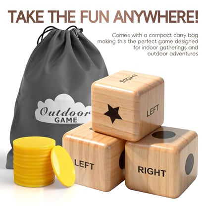 Giant Left Right Point Center Dice Game with 24 Large Chips & Carry Bag. 3.5" Jumbo Wooden Indoor/Outdoor & Lawn Dice Game for Family - color: Jumbo Natural Wood Dice