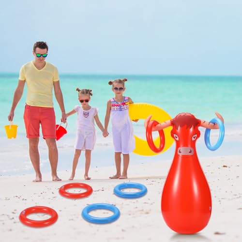 Arrowbash Inflatable Bull Ring Toss Game Set Include Inflatable Bull 6 Rings Farm Theme Party Supplies for Fiesta Rodeo Party Pool Beach Decoration