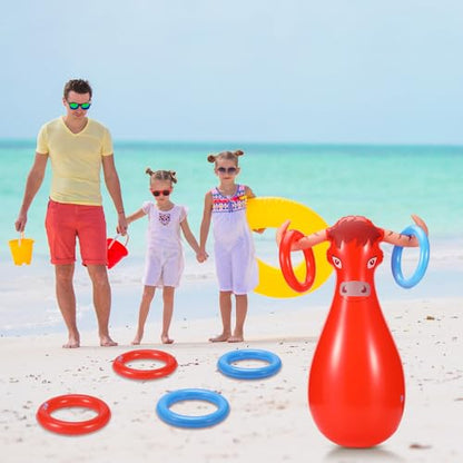 Arrowbash Inflatable Bull Ring Toss Game Set Include Inflatable Bull 6 Rings Farm Theme Party Supplies for Fiesta Rodeo Party Pool Beach Decoration