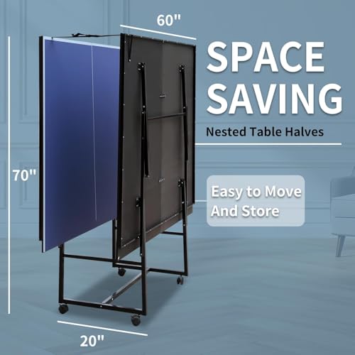 Professional Outdoor Table Tennis Table, 9Ft Full Size Folding Portable Ping Pong Tables with Net for Outdoor/Indoor, Single Player Playback Mode, 10 Minute Quick Assembly, Blue - size: 9FT