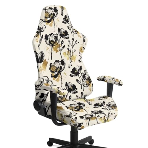 Flower Print Gaming Chair Cover Set of 4 Dust-Proof Stretchy Computer Office Chair Cover with Armrest Covers Home Decorations - color: Brown and Black - Flower