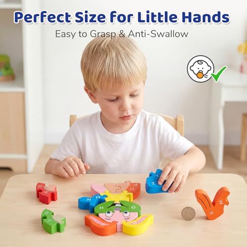 LovesTown Wooden Puzzles for Kids, Double Sided Rabbit Jigsaw with Alphabet & Numbers, Montessori Educational Toy for Toddlers, Chunky Animal Gift - size: Medium, style: Rabbit