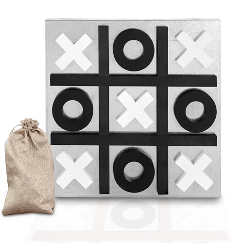Play Platoon Magnetic Tic Tac Toe Game - Large Metal and Wooden Wall Mounted Board Games - 13.5 Inch Table Top or Wall Mounted Farmhouse Rustic for Game Room - Black & White - color: Black & White