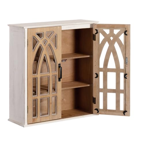 LKTART Solid Wood Wall Mounted Cabinet,Hanging Kitchen Storage Cabinet | Farmhouse Wall Mounted Wood Storage Cabinet; Solid Wood Construction;Glass Door;Adjustable Shelves;Kitchen;Bathroom;Dining - color: Natural+ Antique White