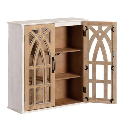 LKTART Solid Wood Wall Mounted Cabinet,Hanging Kitchen Storage Cabinet | Farmhouse Wall Mounted Wood Storage Cabinet; Solid Wood Construction;Glass Door;Adjustable Shelves;Kitchen;Bathroom;Dining - color: Natural+ Antique White