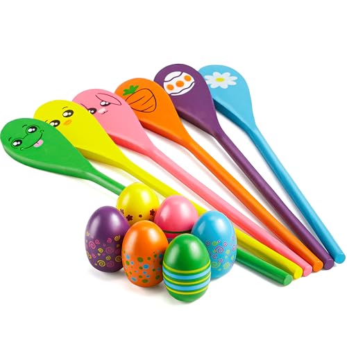 JOYIN Easter 12PCS Egg and Spoon Race Game Set, 6 Woodeen Egg and Spoons with Assorted Colors Outdoor Games, Party Favor Supplies