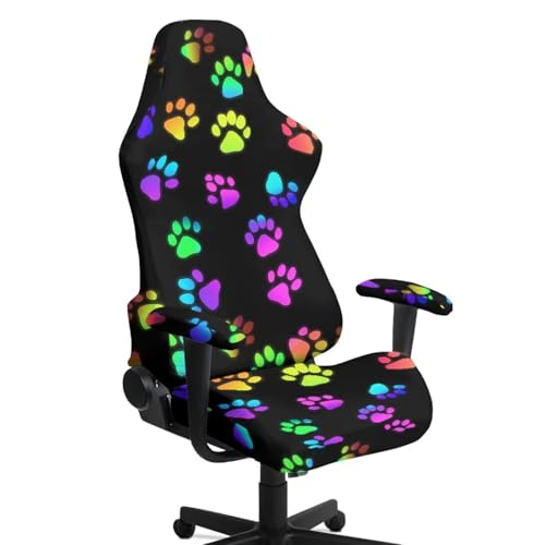 Colorful Paw Print Gaming Chair Cover with Armrest Covers Cat Proof Soft Stretchable Gaming Chair Slipcover Non Slip Washable Computer Chairs Seat Slipcovers Fits Most Office/PC Chairs 4 PCS - color: Colorful Paw Print