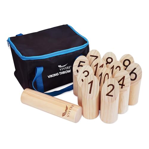 Vivere Viking Throw Tournament Edition, Outdoor Bowling Game Set for Kids & Adults with 12 Pins, Baton & Carry Bag for Backyard, Beach & Lawn Play