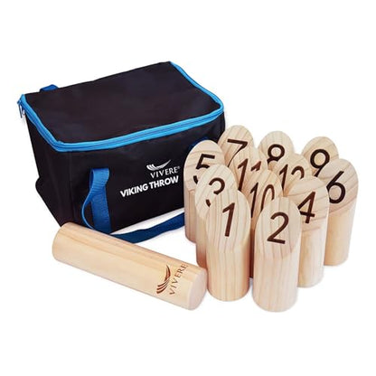 Vivere Viking Throw Tournament Edition, Outdoor Bowling Game Set for Kids & Adults with 12 Pins, Baton & Carry Bag for Backyard, Beach & Lawn Play