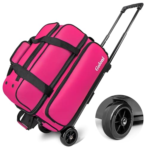 Goloni Double Roller 2 Ball Bowling Bag with Separate Shoe Compartment,2 Ball Bowling Bag with Wheels,Retractable Handle Extends to 40" - color: Rose