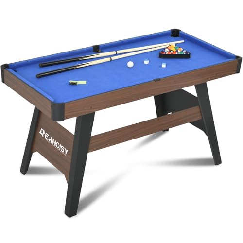 Pool Table, Portable Wooden Billiards Table for Kids, Indoor Pool Game Tables with 2 Cue Sticks, 16 Balls, Triangle, Chalk, Brush for Family, Game Room, Party - color: 54 Inch-Blue