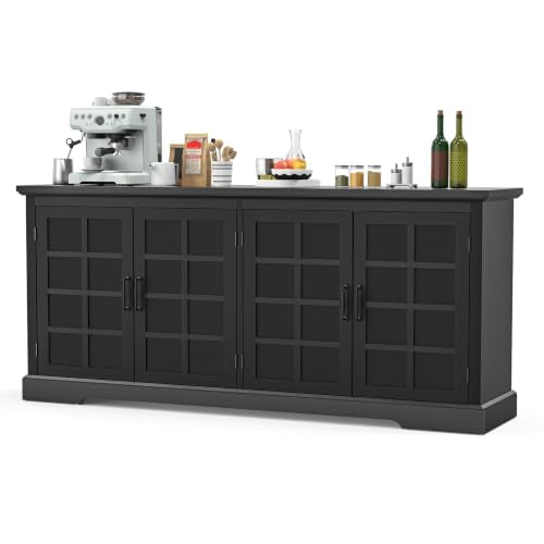 Bigbiglife 70.2" Wood Buffet Cabinet, Farmhouse Buffet Sideboard Cabinet with 4 Doors and Adjustable Shelves, Coffee Bar Wine Bar Storage Cabinet for Kitchen, Living Room, Black - color: Black
