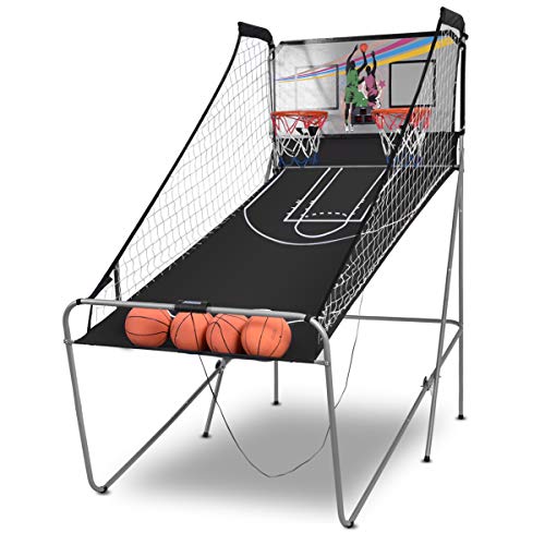 Giantex Foldable Basketball Arcade Game, 8 Game Options, Electronic Double Shot 2 Player w/ 4 Balls and LED Scoring System, Indoor Basketball Game for Kids, Adults - color: Red/Black