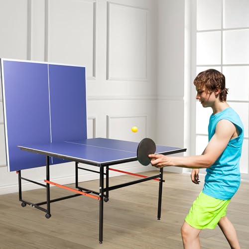 8FT Table Tennis Table with Net, Indoor/Outdoor Professional Ping Pong Table for Kids Adults, Folding Ping Pong Table, Complete Set with Paddles and Balls, School Playground Game Table - color: New Blue