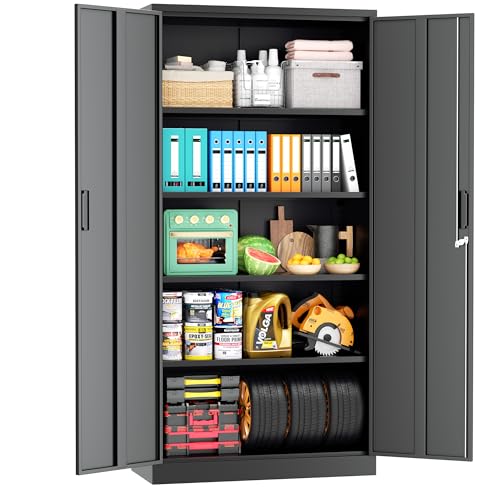 Superday Metal Storage Cabinet, 72" Garage Storage Cabinets with Lock, Black Metal Cabinet with 2 Doors and 4 Adjustable Shelves for Home Office, Classroom, File, Easy Assemble - color: Black, size: 71" Black Cabinet