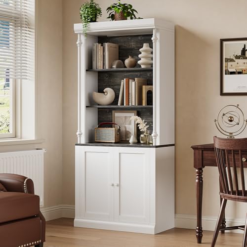 GarveeHome Tall Storage Bookcase with 3-Tier Open Shelves and Double Door, Roman Column Design and 4 Adjustable Lights, White & Black Wood Grain Display Storage Cabinet for Home Office, Living Room