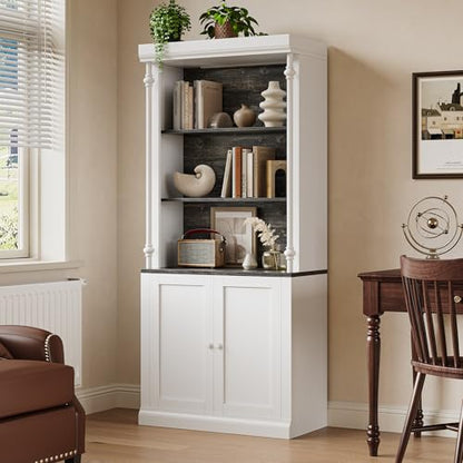 GarveeHome Tall Storage Bookcase with 3-Tier Open Shelves and Double Door, Roman Column Design and 4 Adjustable Lights, White & Black Wood Grain Display Storage Cabinet for Home Office, Living Room