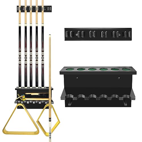 Pool Cue Rack Stick Holder, Billiards Pool Cue Rack Wall Mount Hardwood Pool Cue Set Holder for 6 Cues Sticks Storage Pool Table Accessories Equipment Organizer for Game Room Club (Black) - style: Black-W