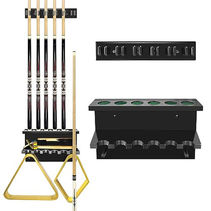 Pool Cue Rack Stick Holder, Billiards Pool Cue Rack Wall Mount Hardwood Pool Cue Set Holder for 6 Cues Sticks Storage Pool Table Accessories Equipment Organizer for Game Room Club (Black) - style: Black-W
