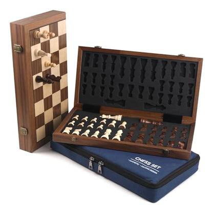 Ajedrez Magnetic Wooden Chess Set, 15" Walnut Folding Chess Board with Handcrafted Pieces 2 Extra Queens, Portable Travel Chess Board Game for Adults Kids, Gift Box & Storage Bag - color: Blue