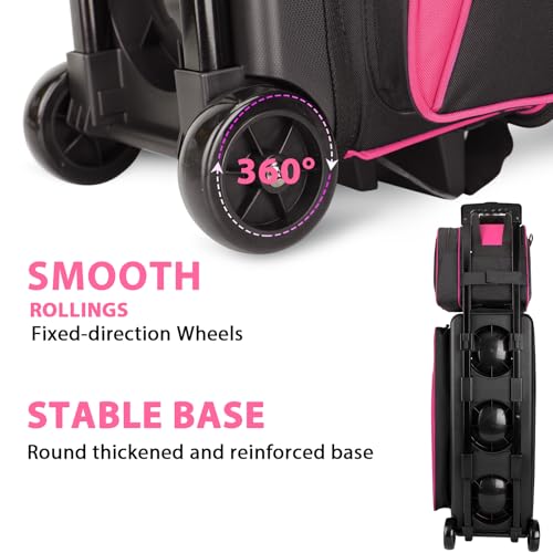 Goloni 3 Ball Bowling Bag with Wheels, Rolling Bowling Roller Bag with Retractable Handle for Balls & Bowling Accessories - color: 4 Ball-Pink